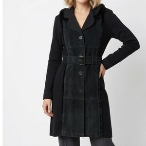 Cynthia Steffe 100% Suede Belted Trench Coat Rabbit Fur Trim Size L.
